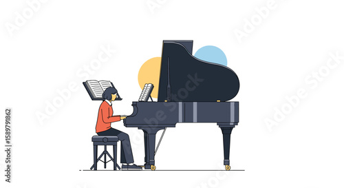 Young person playing grand piano music sheet harmony rhythm melodies beautiful serenade