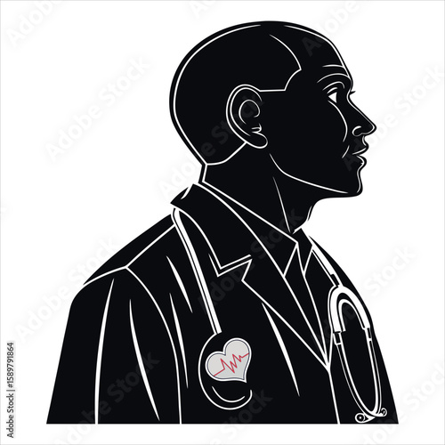 Stylized silhouette of a doctor with stethoscope and heartbeat symbol isolated on white background