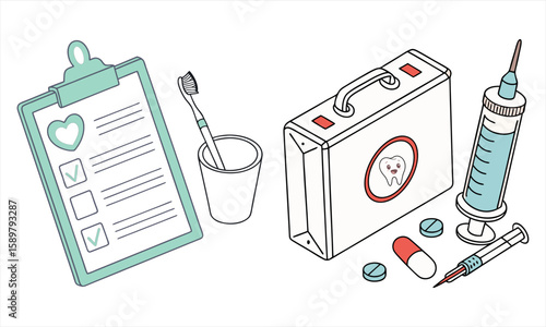 Dental care kit with checklist clipboard toothbrush syringe and pills isolated on white background