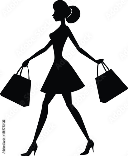 Modern girl silhouette walking confidently with shopping bags in hand