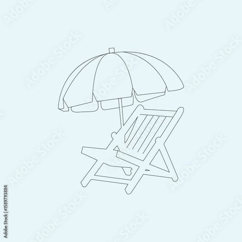 Beach Chair and Parasol Line Drawing Light Blue Background