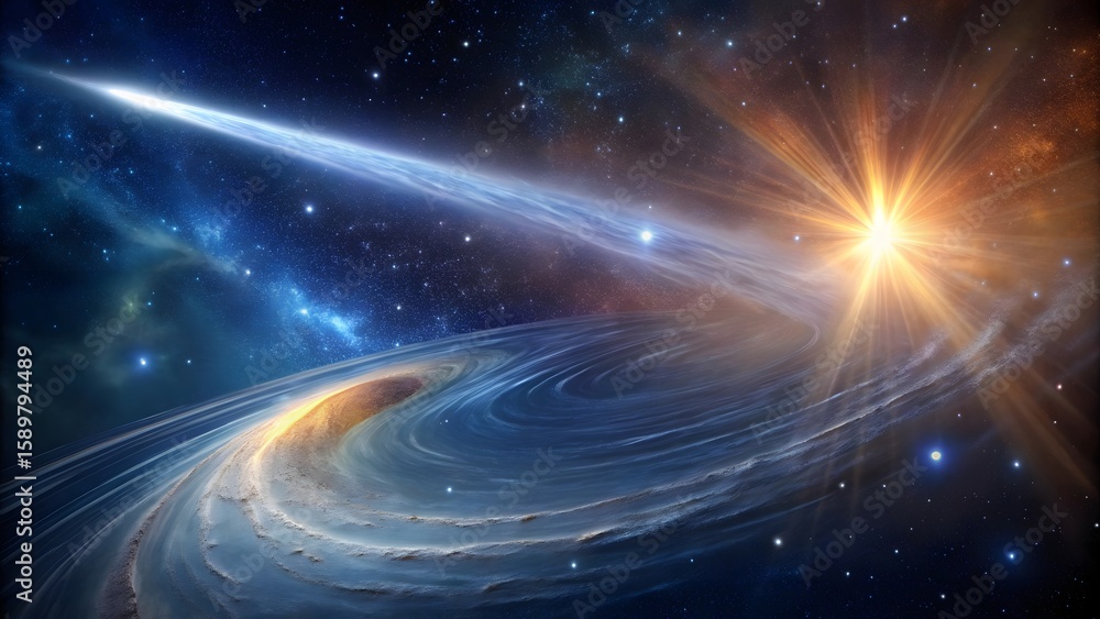 Obraz premium Photo of a radiant star and a swirling cosmic vortex dominate the scene, with a bright streak of light cutting through the vastness of space and nebulae