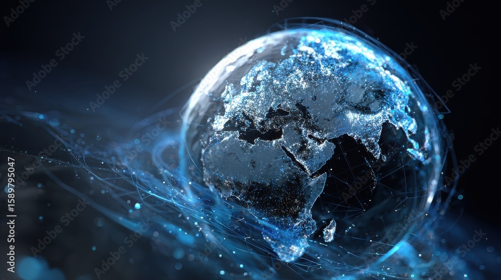 Naklejka premium Blue globe on the digital technology background, no logos, no brands