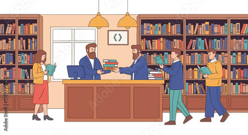 A helpful librarian assists visitors with books in a well-stocked library over a counter showing people choosing materials