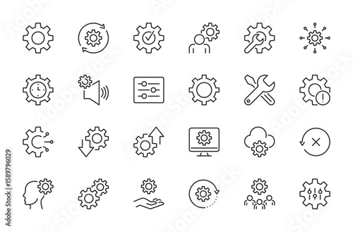 Settings icon set. Processing, optimization, repair, configuration, gear, update, setup, adjustment, cogwheel, options, modifications, import, export, reset, etc. Vector illustration. Editable stroke.