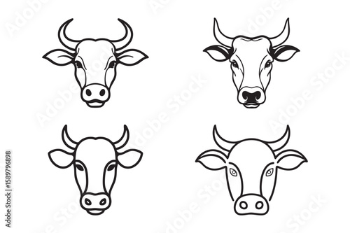 Cow Head Line Art Vector Set – Farm Animal Outline Icons