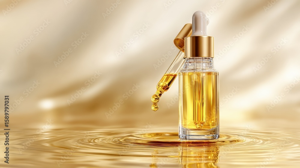 Naklejka premium Gold Makeup Dropper Vial Isolated on White. Cosmetics Moisturizer with Pure Vitamin C Peptides Botanicals and Hyaluronic Acid. Container Liquid Emulsion Essence Serum Foundation.