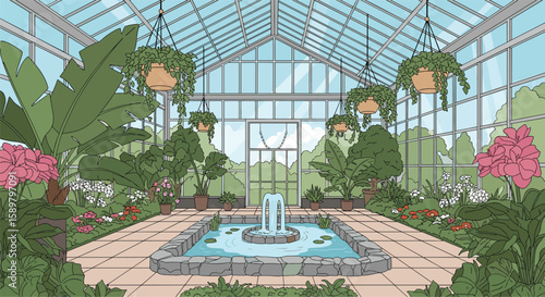 Lush greenhouse oasis with central water feature and abundant blooming flora