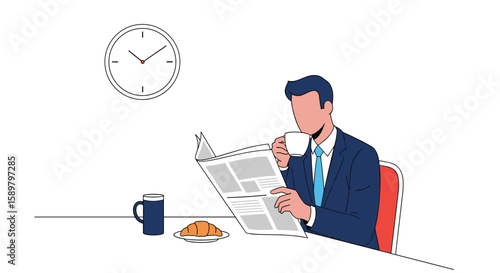 A business professional enjoys a morning coffee and reads the latest newspaper news update while a clock shows the time
