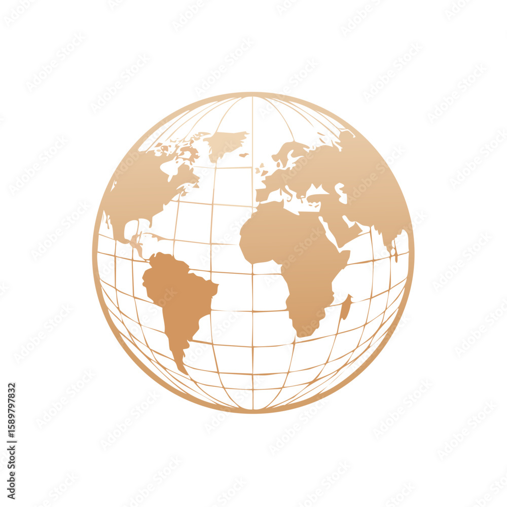 Fototapeta premium World Globe with continents, illustration, gridlines, golden vector