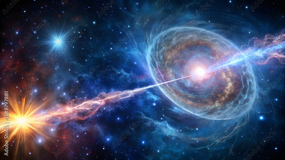 Obraz premium Photo of a distant galaxy with a powerful jet of energy streaming from its core, illuminating the surrounding stars and nebulae in the vast cosmic expanse