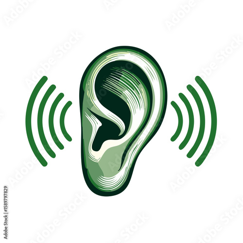 Ear with Green Sound Waves Illustration for Hearing, Listening or Audio Concepts