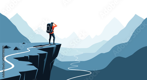 Adventurous traveler gazes across majestic mountain range discovering uncharted territory and inspiring new paths forward