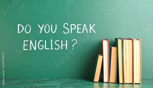 Do You Speak English with Books and Green Chalkboard