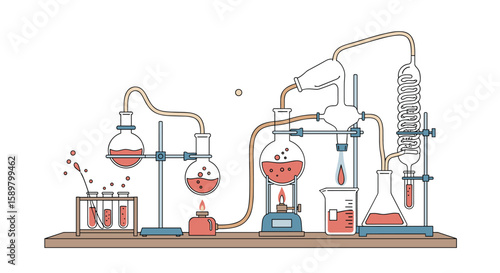 Laboratory equipment setup for chemical distillation and extraction processes