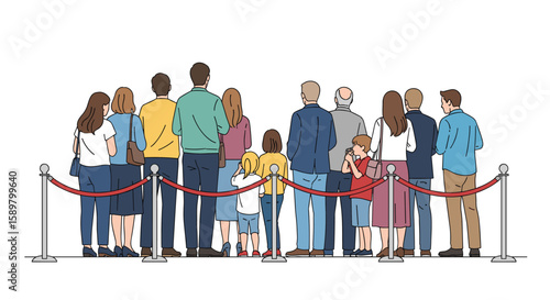 Diverse group of people waiting patiently in a queue line for an event or attraction