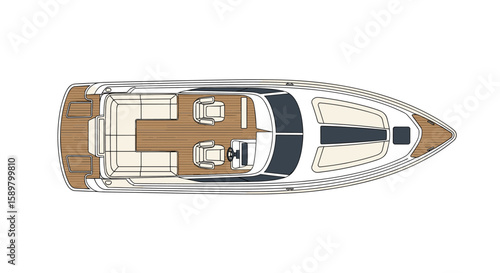 Luxury motor yacht aerial view showing comfortable deck layout and elegant design