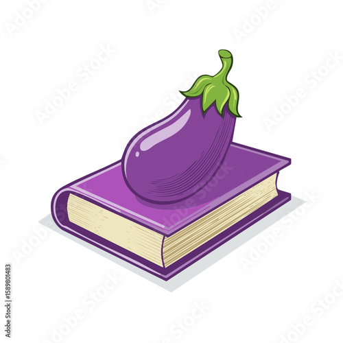 Cartoon eggplant on purple book illustration of food knowledge, educational reading