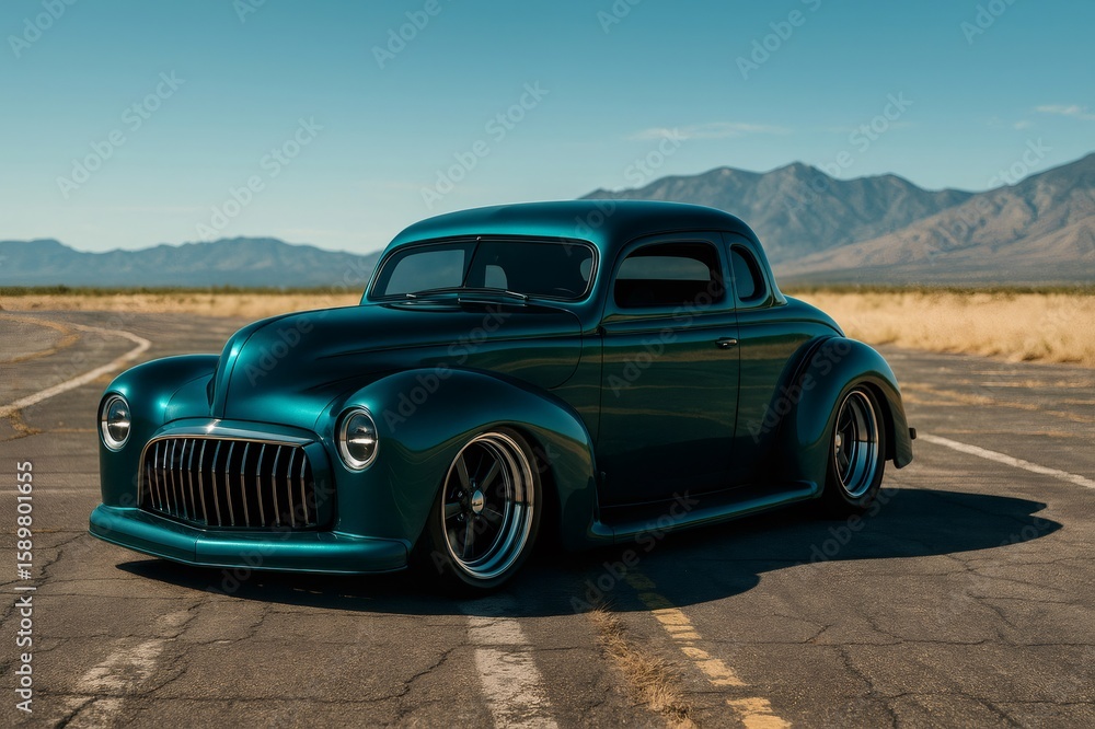 Obraz premium Customized vintage car parked on an empty road with mountains in the background