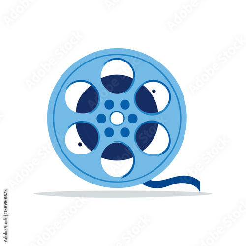 Blue film reel illustration showcasing a movie production icon with its circular design and film strip detail