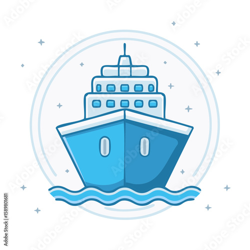 Stylized cruise ship sails on ocean waves with portholes and deck windows during holiday travel and transportation