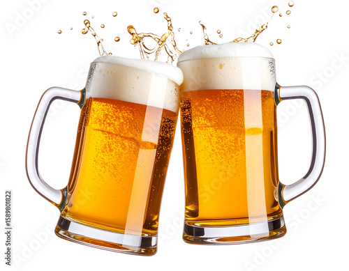Two Classic Glass Beer Mugs Clinking Mid-Air with Foam Splash, Transparent PNG
