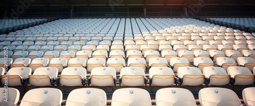 Empty white stadium seats in a row, sunlight on bleachers, bright, bright sunlight