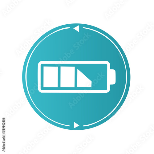 Low battery icon illustration inside blue circle with refresh arrows. Symbol for energy