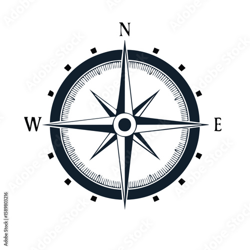 Classic Dark Blue Compass Rose Illustration for Wayfinding and Nautical Themes