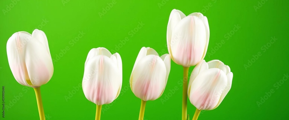 Fototapeta premium Five pristine white tulips, stems intact, against vibrant green backdrop, green, flower photography
