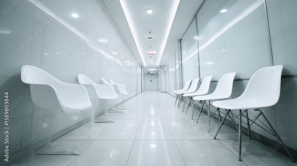 Obraz premium Empty modern hospital corridor, clinic hallway interior background with white chairs for patients waiting for doctor visit. Contemporary waiting room in medical office. Healthcare services concept, n