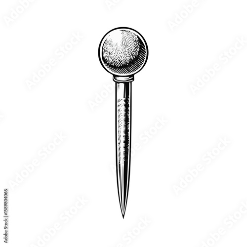 Vintage sewing pin with spherical head, engraving style, needlework supply, sewing equipment, tailoring tool, retro art
