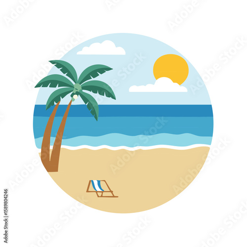 Idyllic Tropical Beach Scene with Palm Tree, Sun, Waves, and Deck Chair in a Round Graphic