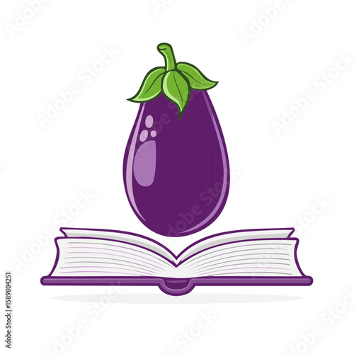 Illustration of a Purple Eggplant on Top of an Open Book Vegetable Knowledge