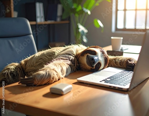 Sleepy sloth on office desk