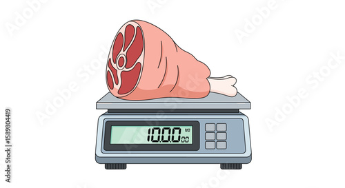 Measuring the weight of a pork hock on a digital scale showing ten kilograms