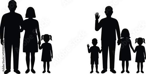 Family silhouettes cad drawing flat vector illustration, cartoon-style lineup of two families with parents and children holding hands and wavingFamily silhouettes cad drawing flat vector illustration