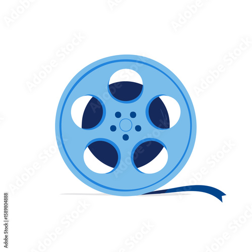 Classic blue film reel with unwinding tape representing cinema history and entertainment