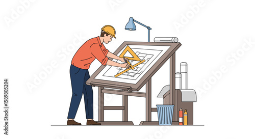 An architect working diligently at a drafting table with blueprints and tools for a construction project