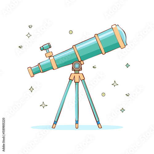 Illustration of a telescope with stars, astronomical instrument on a tripod for observing space and planets
