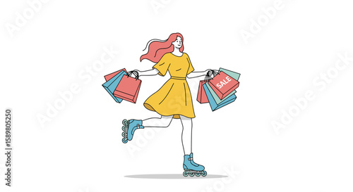 Excited woman enjoys shopping spree on roller skates holding numerous shopping bags with sale signs