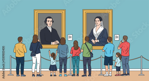 People admire classic portraits displayed in a museum art gallery with informative labels