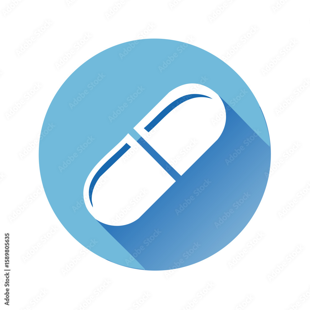 White capsule in blue circle, medical treatment vector icon illustration White capsule in blue circle, medical treatment vector icon illustration