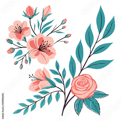 Colorful floral vector background with blooming flowers and decorative nature elements