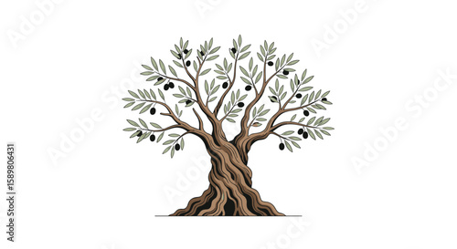 Ancient mediterranean olive tree with twisted trunk bearing ripe black fruit and lush green leaves