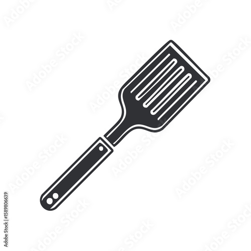 Kitchen spatula monochrome vector illustration. Cooking tool with handle and square end for turning foods in the kitchen.