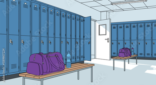 Modern gym locker room with sports bags and water bottles on a bench