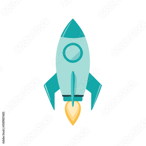 Cartoon rocket ship blasting off to explore cosmos in light blue and green