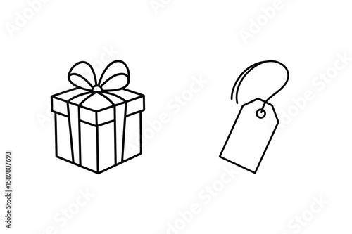 Gift box and price tag outline present ribbon