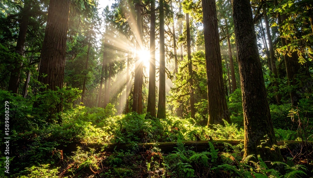 Obraz premium Sunlight streams through ancient forest